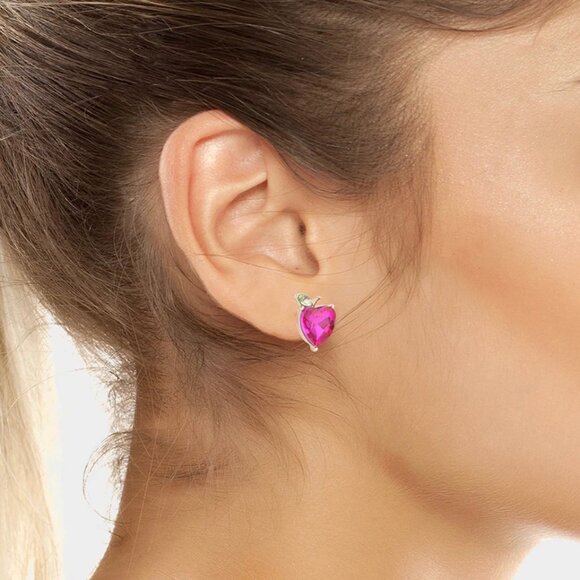 NWT Betsey Johnson APPLE STUD EARRING PINK DIAMOND Heart Teacher Jewelry School - Picture 3 of 7